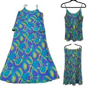 Vintage 70s 2pc Skirt Set L Geometric Psychedelic Maxi Tank Blue Green Mod Funky